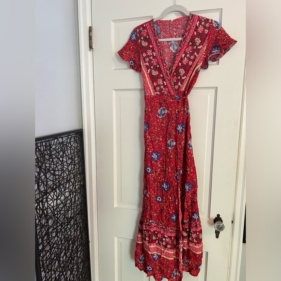 Beautiful handmade red floral maxi wrap dress